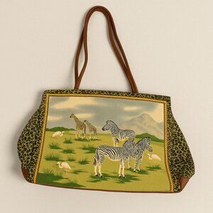 Embellished Brown Green Safari Zebra Giraffe Design Canvas Leather Tote Bag
